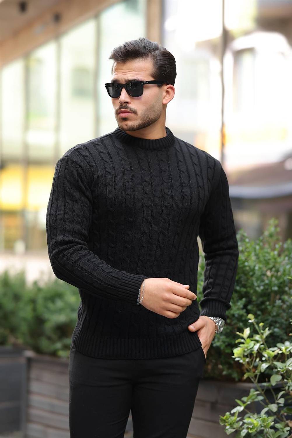 Saç Örgülü Bisiklet Yaka Erkek Triko Kazak - Siyah