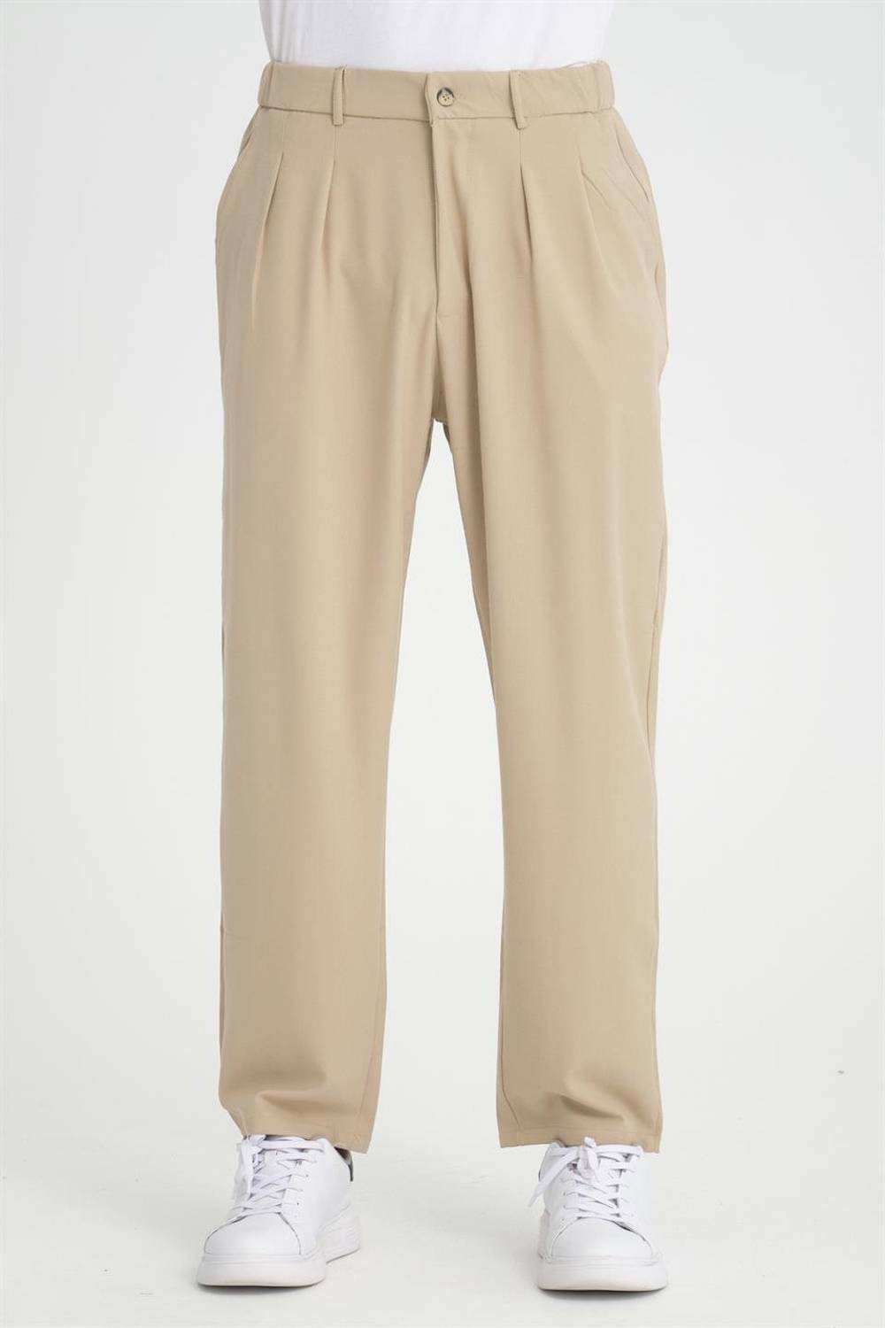 Premium Pileli Baggy Kalıp Pantolon - Bej