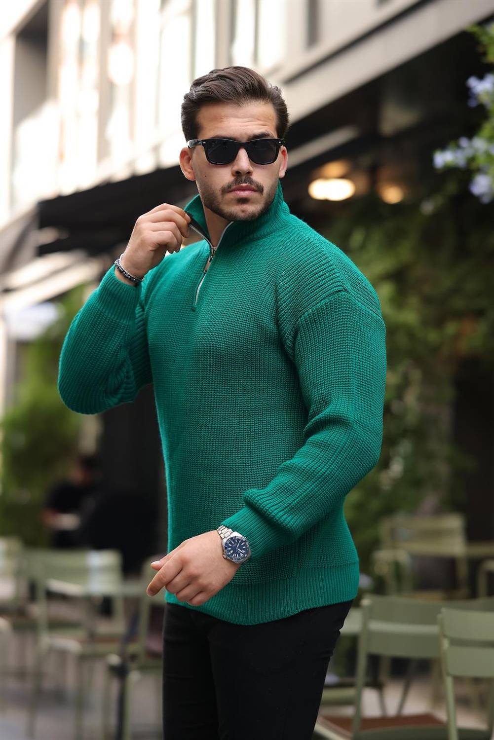 Oversize Selanik Örgü Yarım Fermuar Erkek Triko Kazak - Yeşil