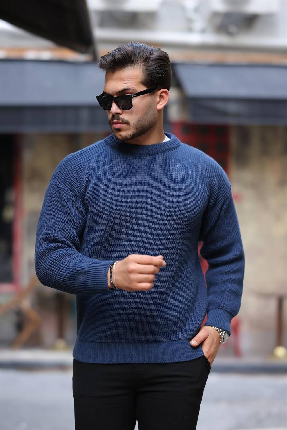 Selanik Örgülü Bisiklet Yaka Erkek Kazak - İndigo