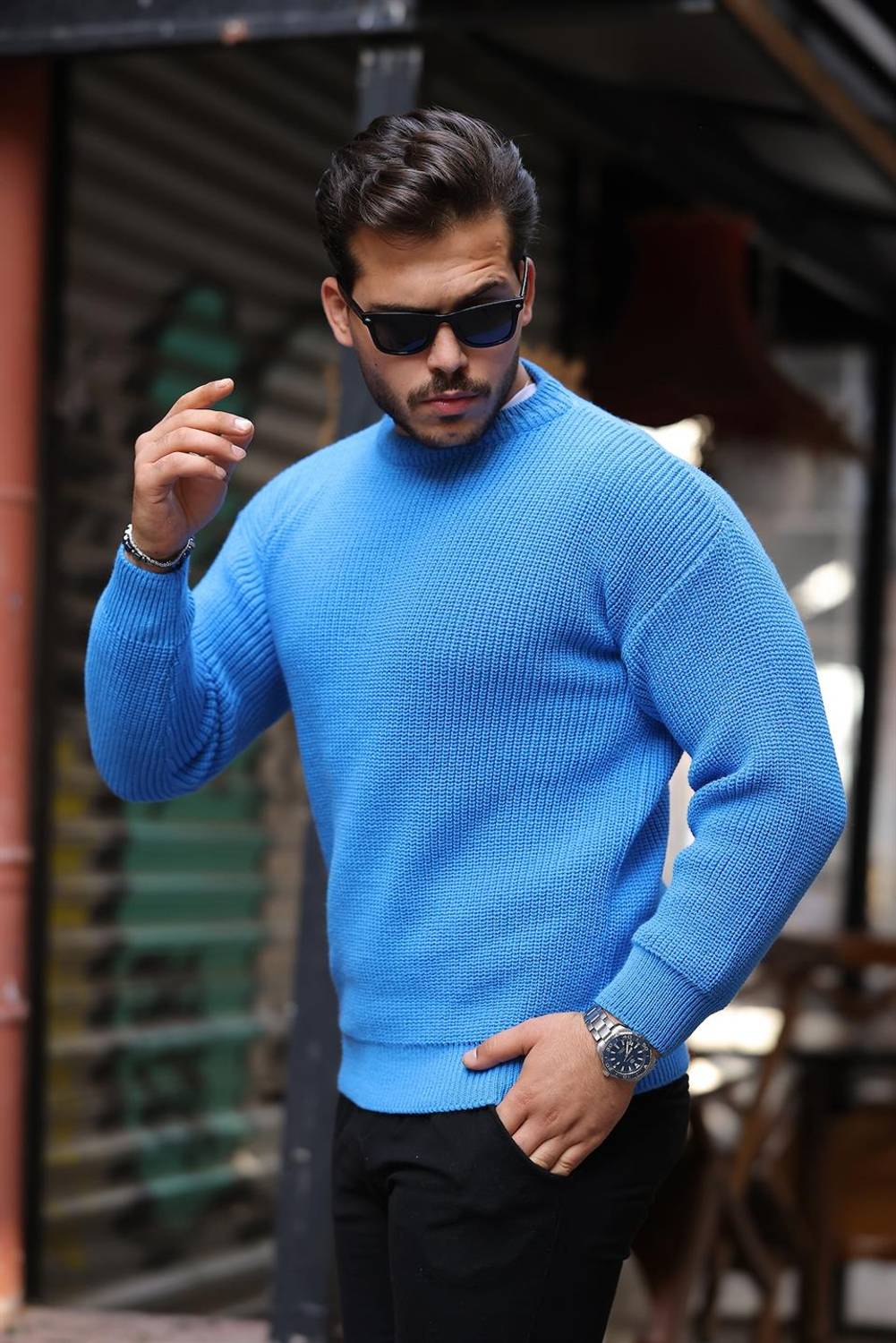 Мужской свитер с круглым вырезом, oversize, светло-голубой, 100% хлопок, мягкий, стильный, комфортный, доступные размеры: M, L, XL