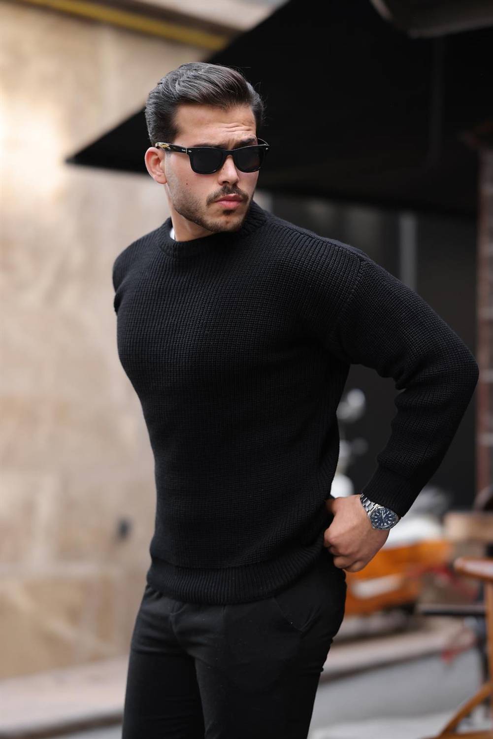 Selanik Örgülü Bisiklet Yaka Erkek Triko Kazak - Siyah