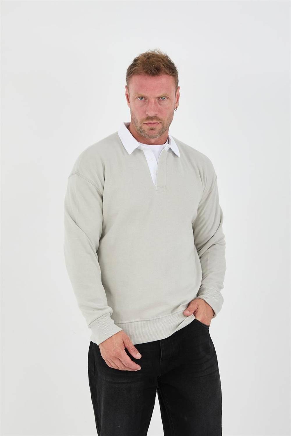 Polo Yaka Selanik Örme Kumaş Erkek Sweatshirt - Taş