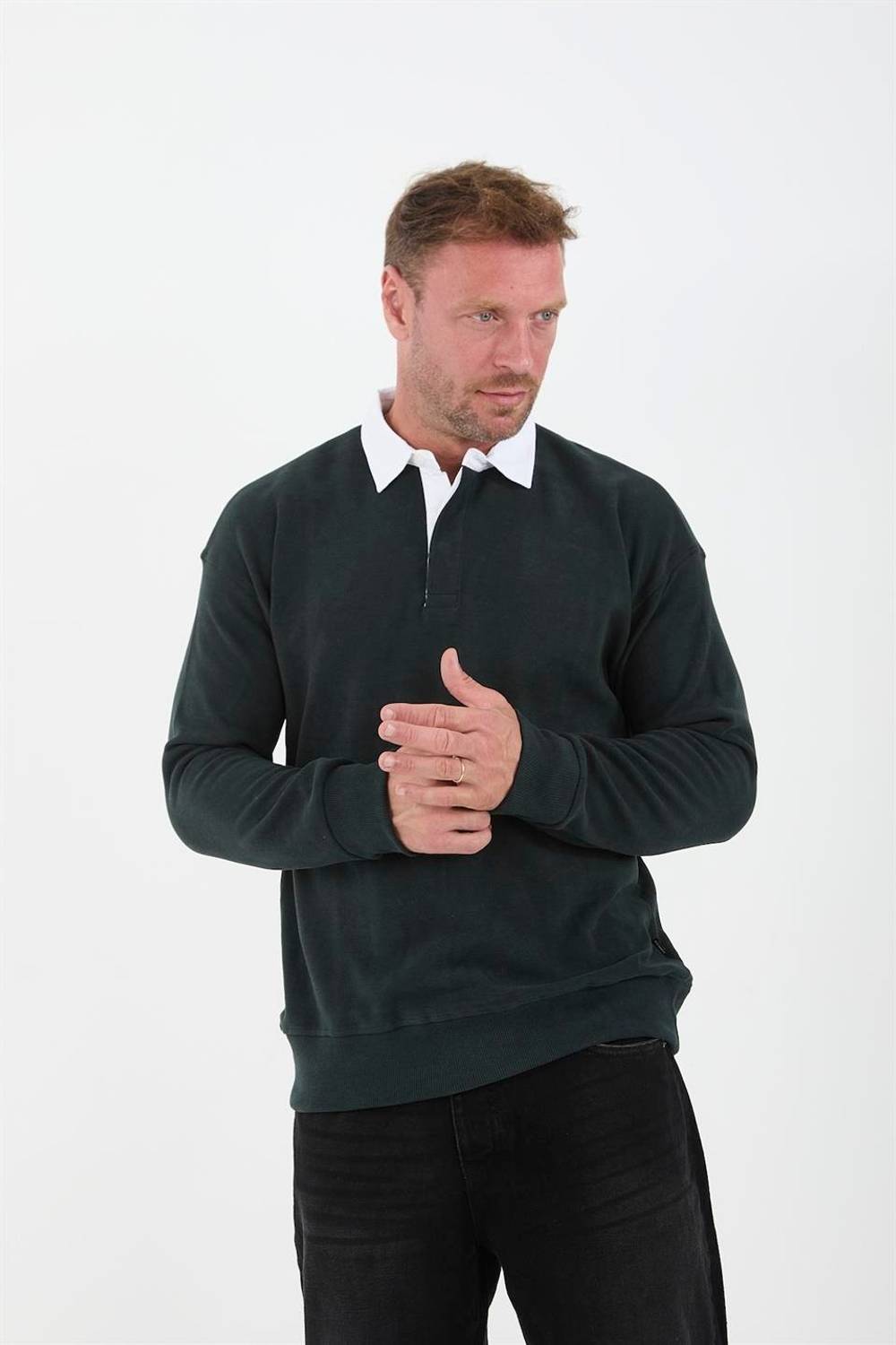 Polo Yaka Selanik Örme Kumaş Erkek Sweatshirt - NeftiYeşili