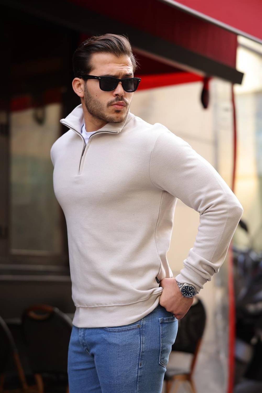 Selanik Örme Kumaş Yarım Fermuar Erkek Sweatshirt - Taş