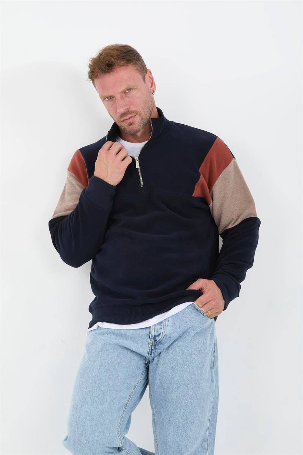 سويت شيرت رجالي بأكمام مزينة بتصميم أوروبي فضفاض - كحلي