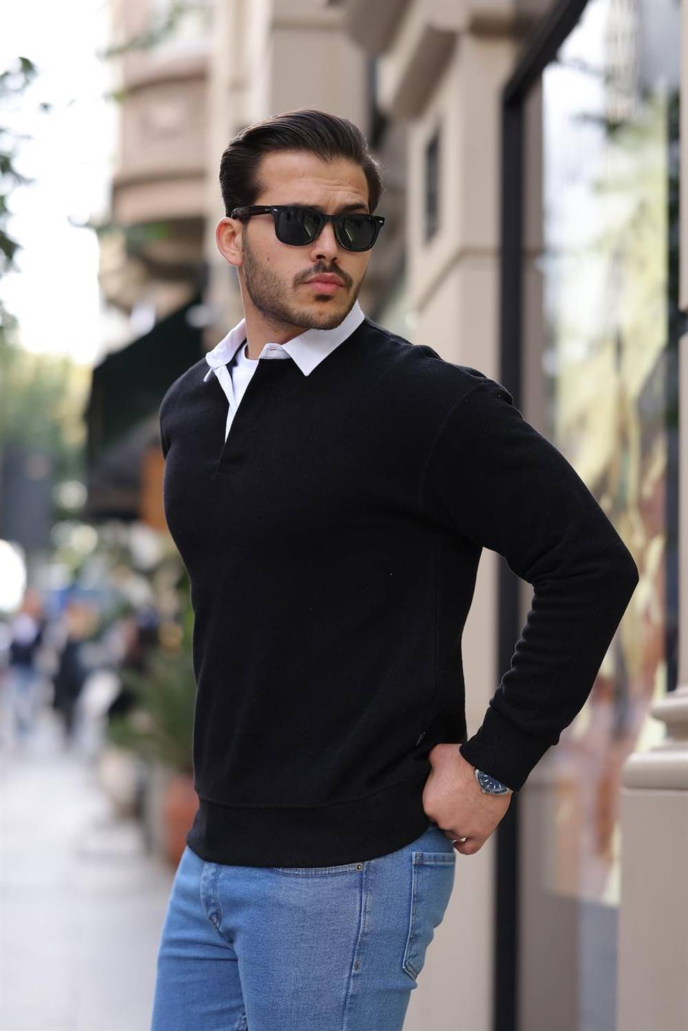 Polo Yaka Selanik Örme Kumaş Erkek Sweatshirt - Siyah