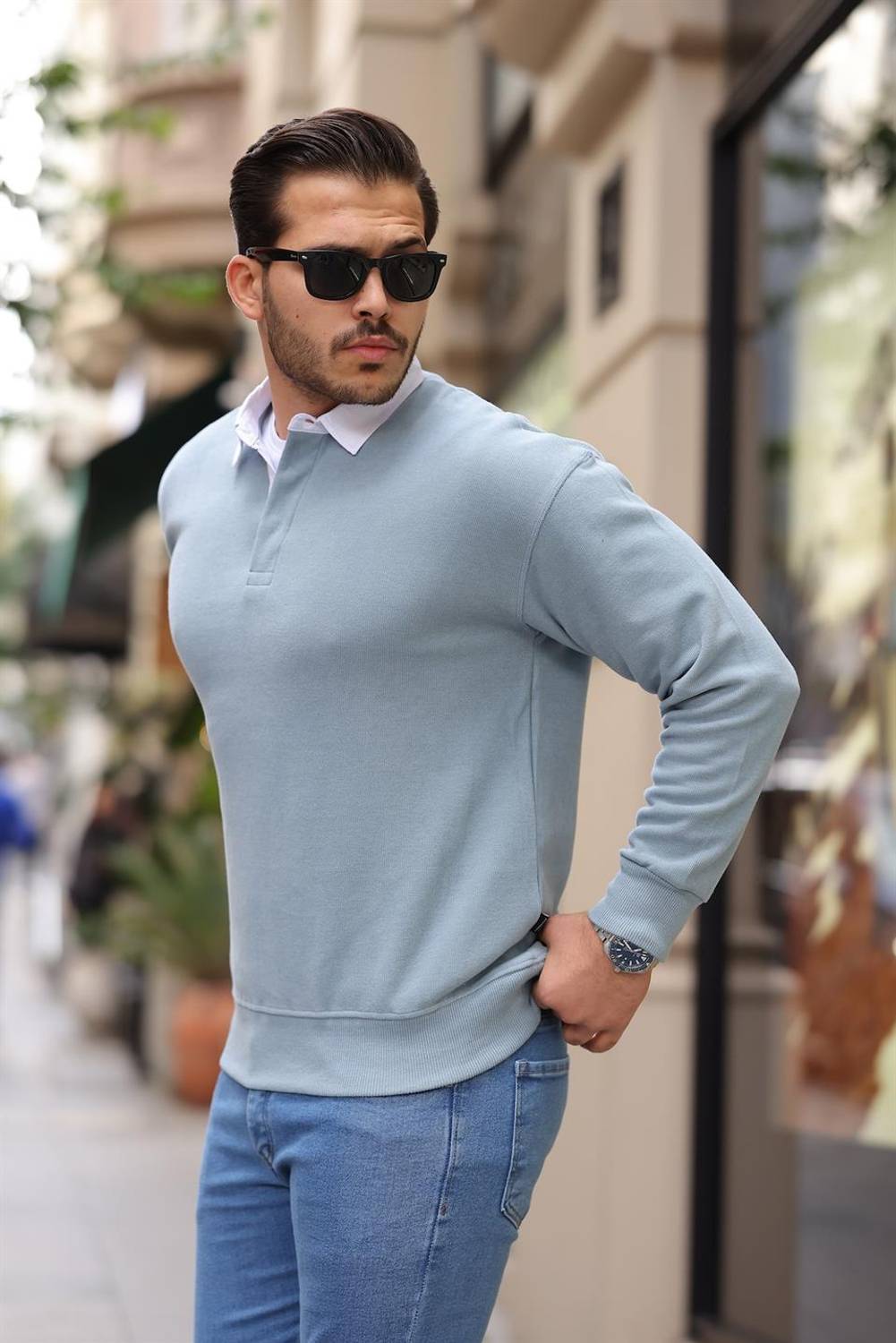 Polo Yaka Selanik Örme Kumaş Erkek Sweatshirt - Soğuk Mavi