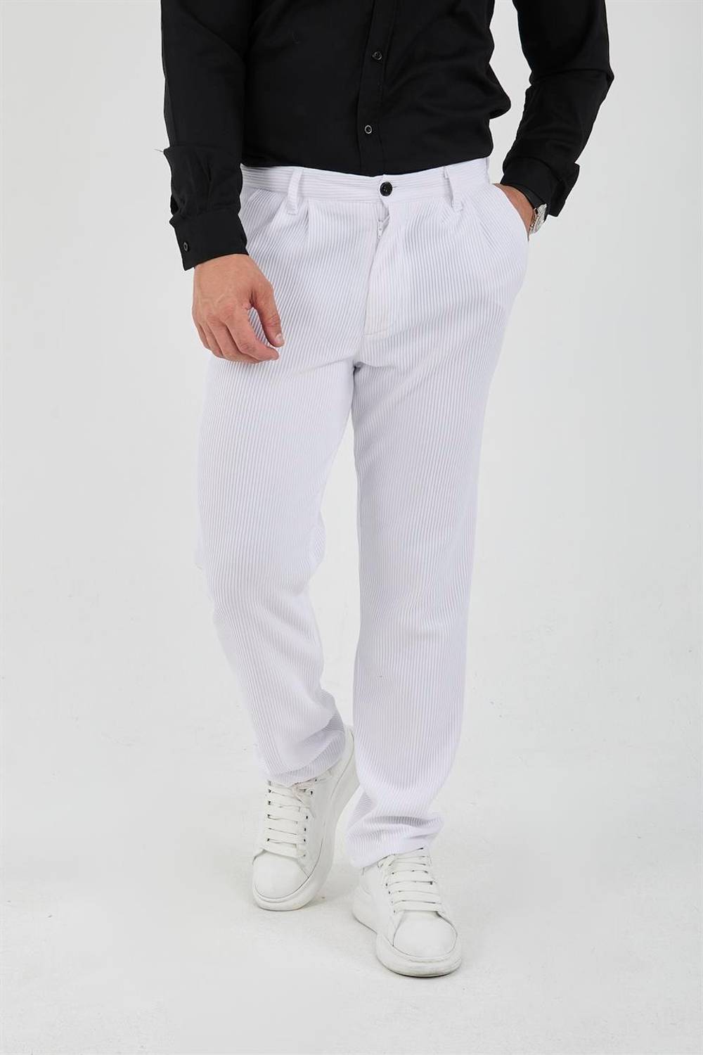 Men's Ribbed Baggy Fit Pants - White for Comfortable Daily and Casual Wear