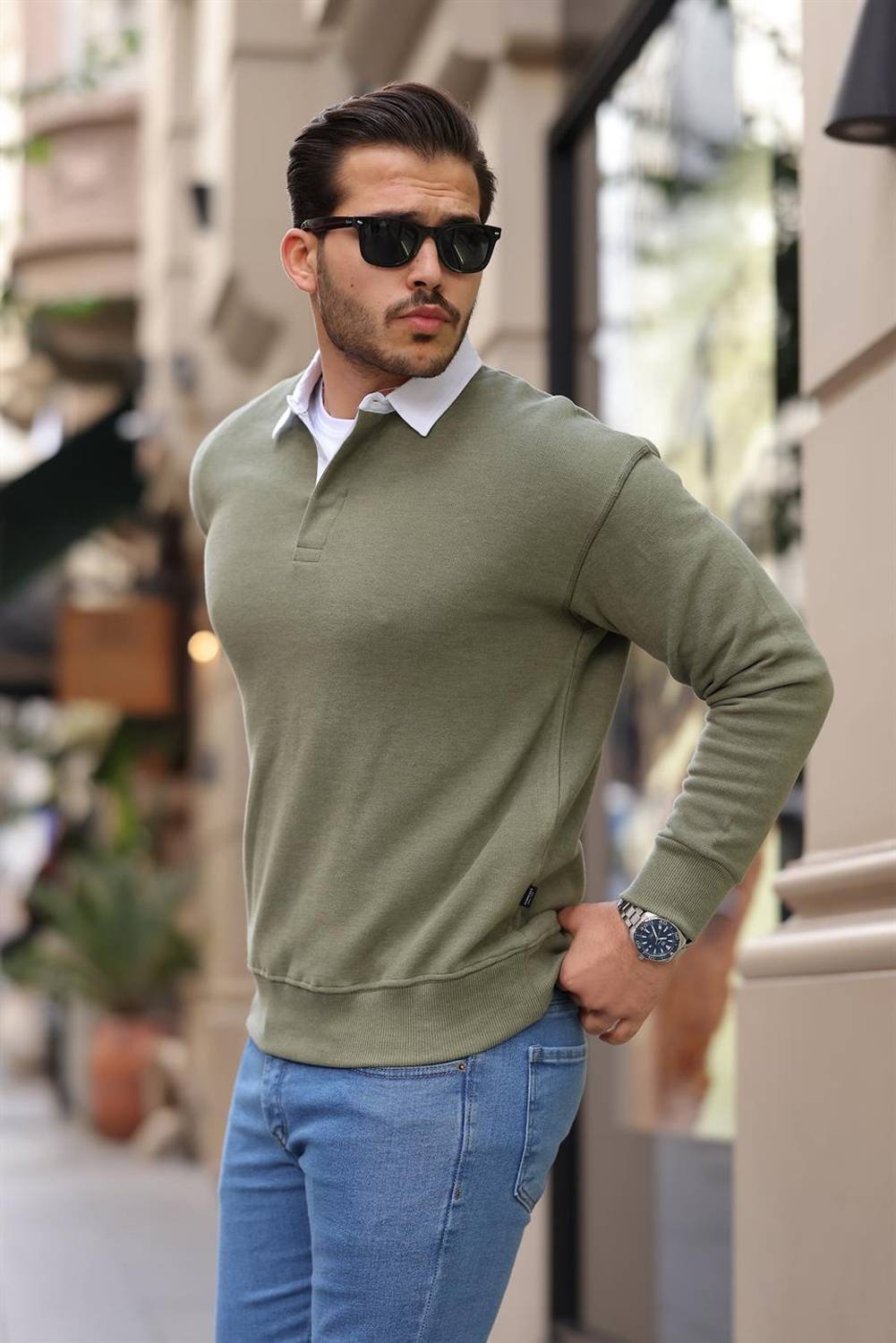 Polo Yaka Selanik Örme Kumaş Erkek Sweatshirt - Açık Haki