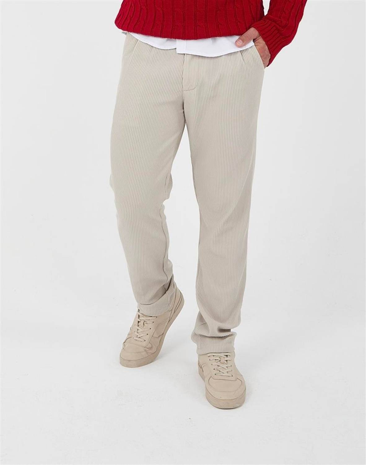 Men's Fitted Baggy Trousers - Beige, blends modern style with unique comfort, featuring ribbed texture for elegance and freedom of movement