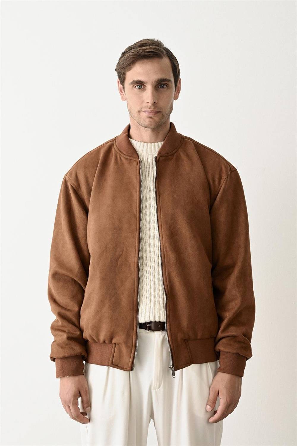 Nubuk İçi Astarlı Çift Cepli Fermuarlı Erkek Ceket/Mont - Taba