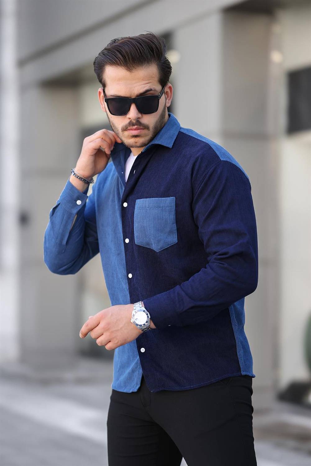 Kontrast Çift Renk Fitilli Kadife Gömlek - İndigo