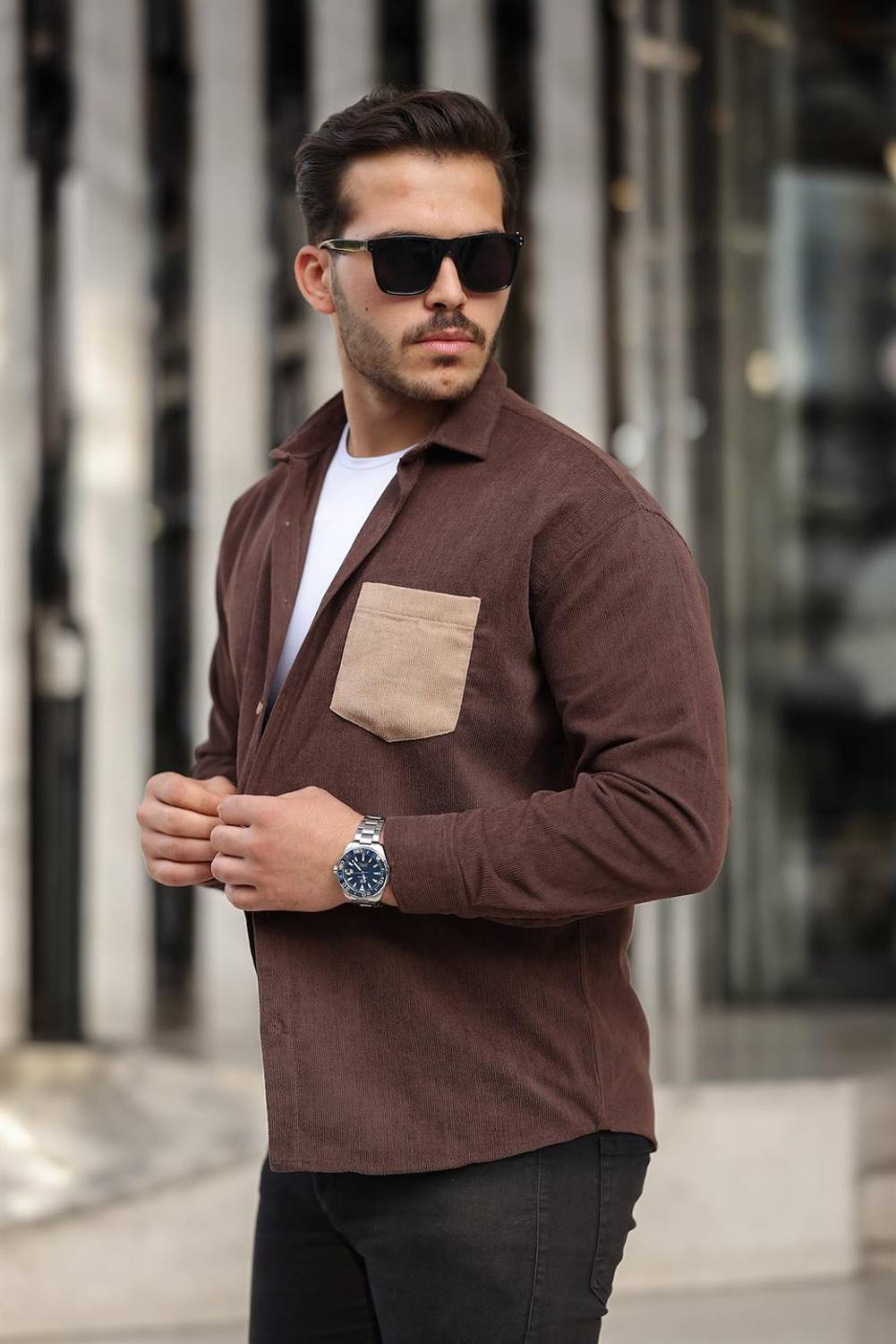Cep Detaylı Fitilli Kadife Gömlek - Koyu Kahve