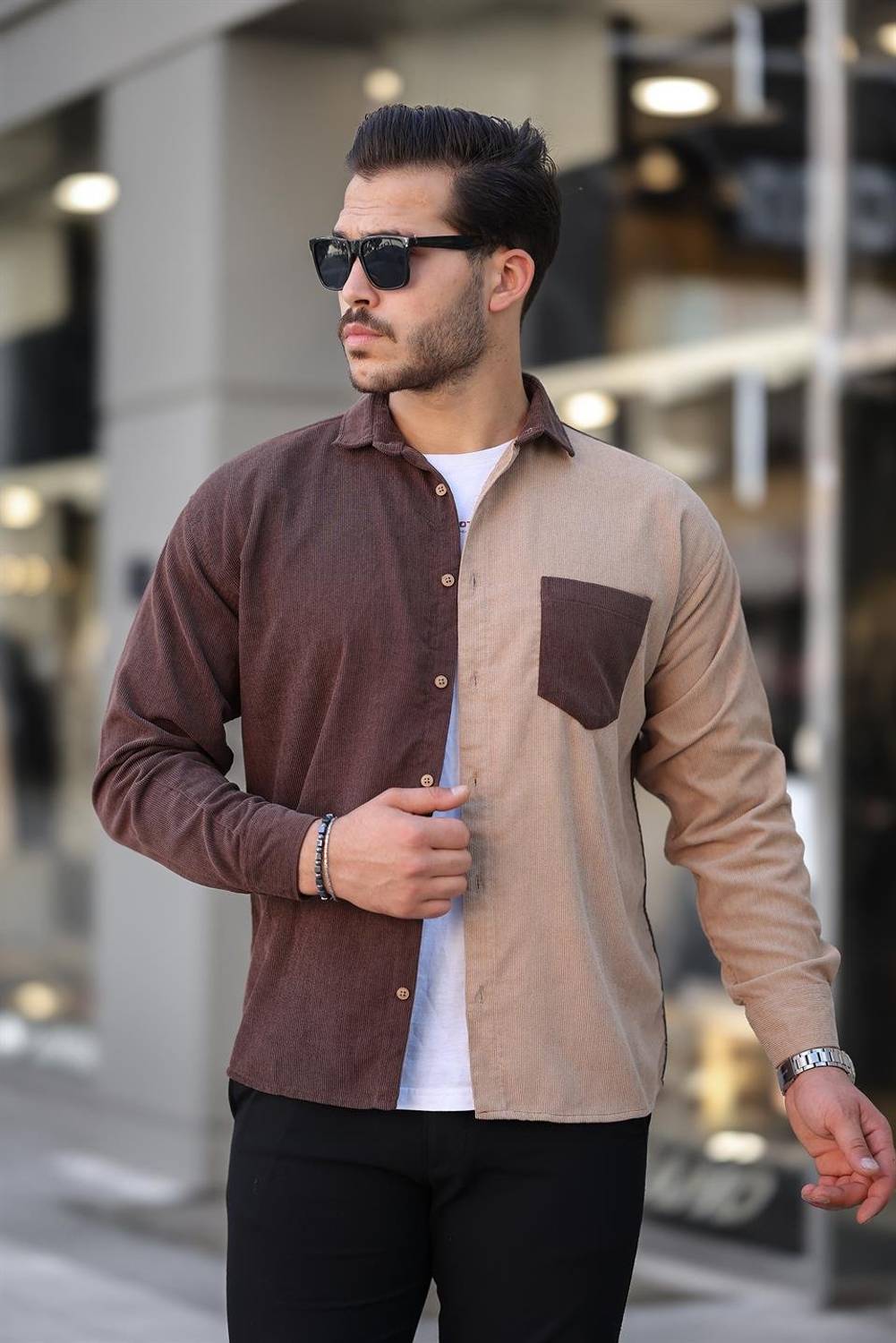 Kontrast Çift Renk Fitilli Kadife Gömlek - Kahve
