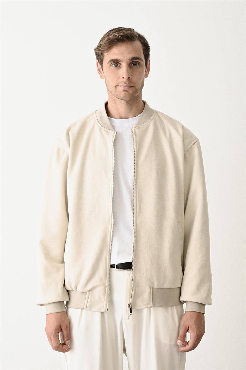 Nubuk İçi Astarlı Çift Cepli Fermuarlı Erkek Ceket/Mont - Krem