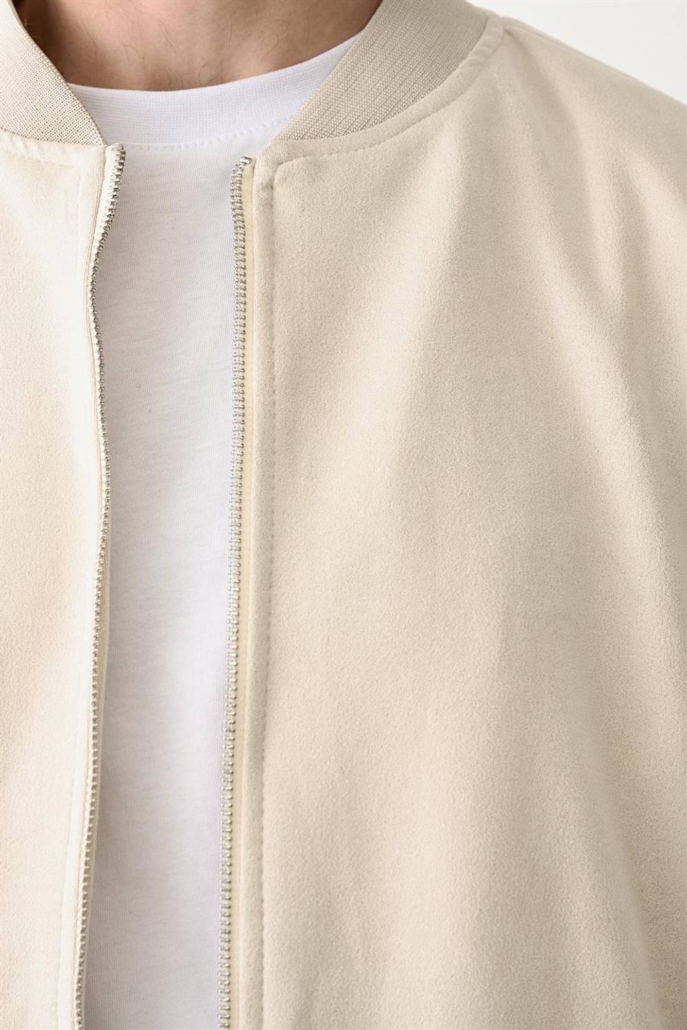 Nubuk İçi Astarlı Çift Cepli Fermuarlı Erkek Ceket/Mont - Krem