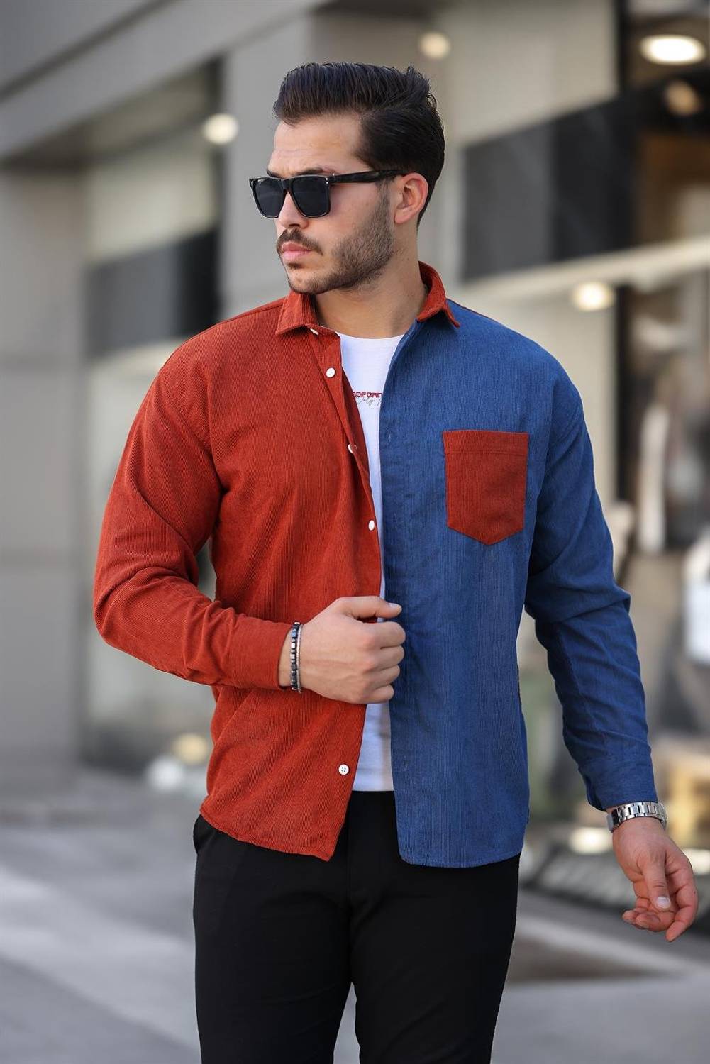 Kontrast Çift Renk Fitilli Kadife Gömlek - Açık Kiremit