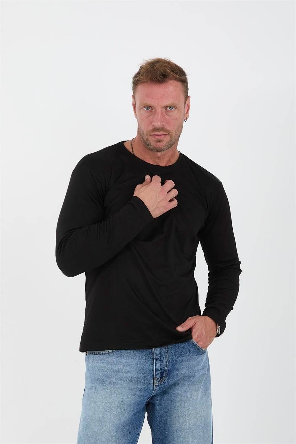 İnterlok Kumaş İnce Uzun Kollu Erkek Sweatshirt - Siyah