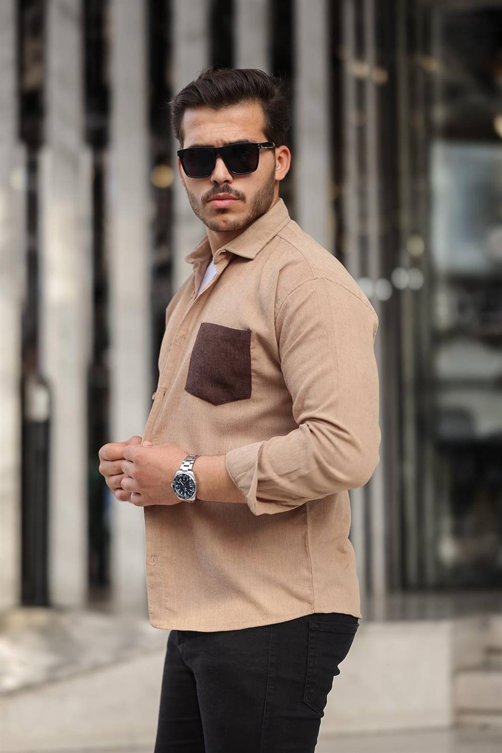 Cep Detaylı Fitilli Kadife Gömlek - Açık Bej