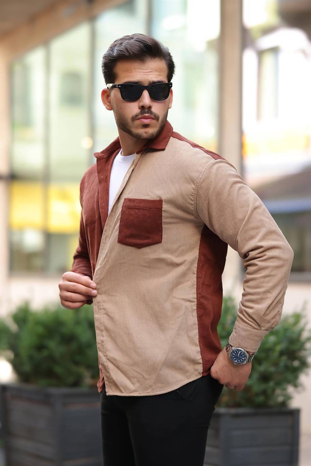 Kontrast Çift Renk Fitilli Kadife Gömlek - Koyu Kiremit