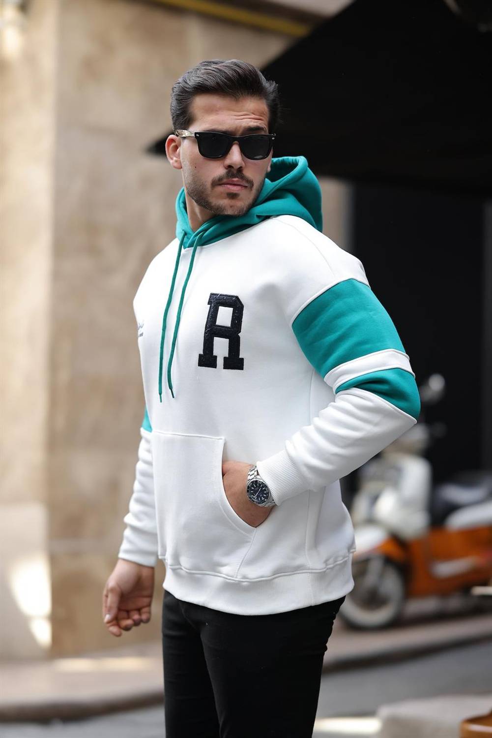 Sportif Şerit Detaylı Şardonlu Kapüşonlu Sweatshirt - Ekru
