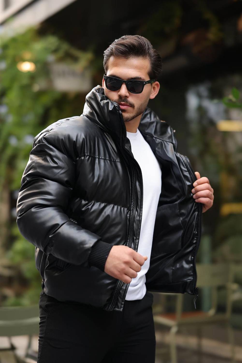 Oversize Kapüşonu Çıkarılabilir Şişme Deri Mont - Siyah