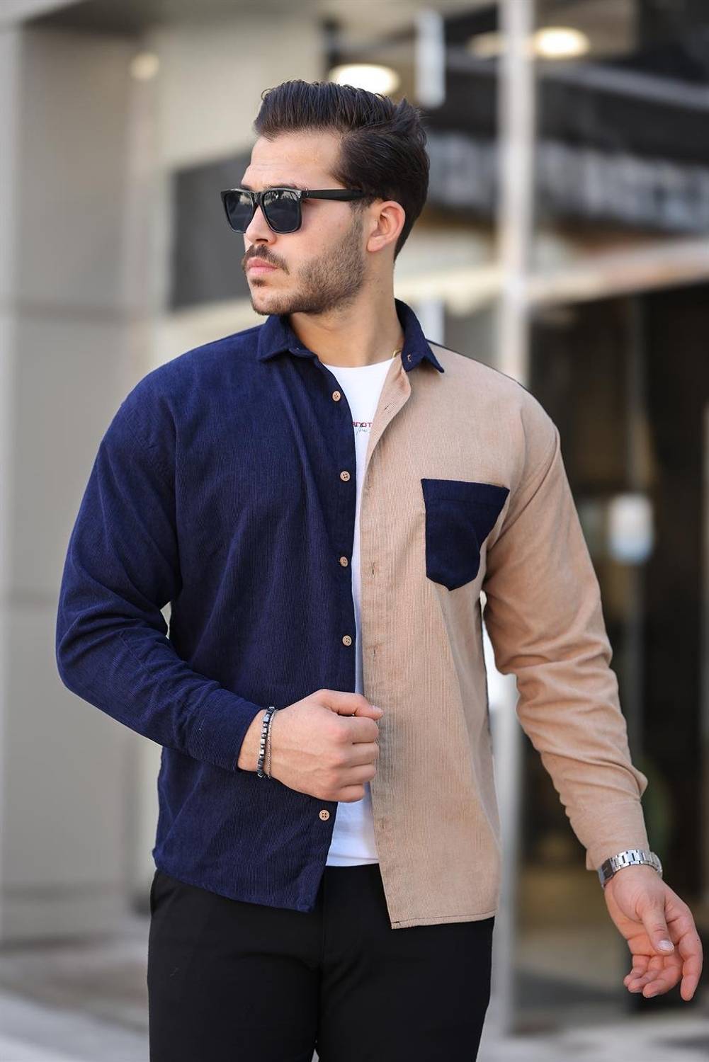 Kontrast Çift Renk Fitilli Kadife Gömlek - Koyu Lacivert