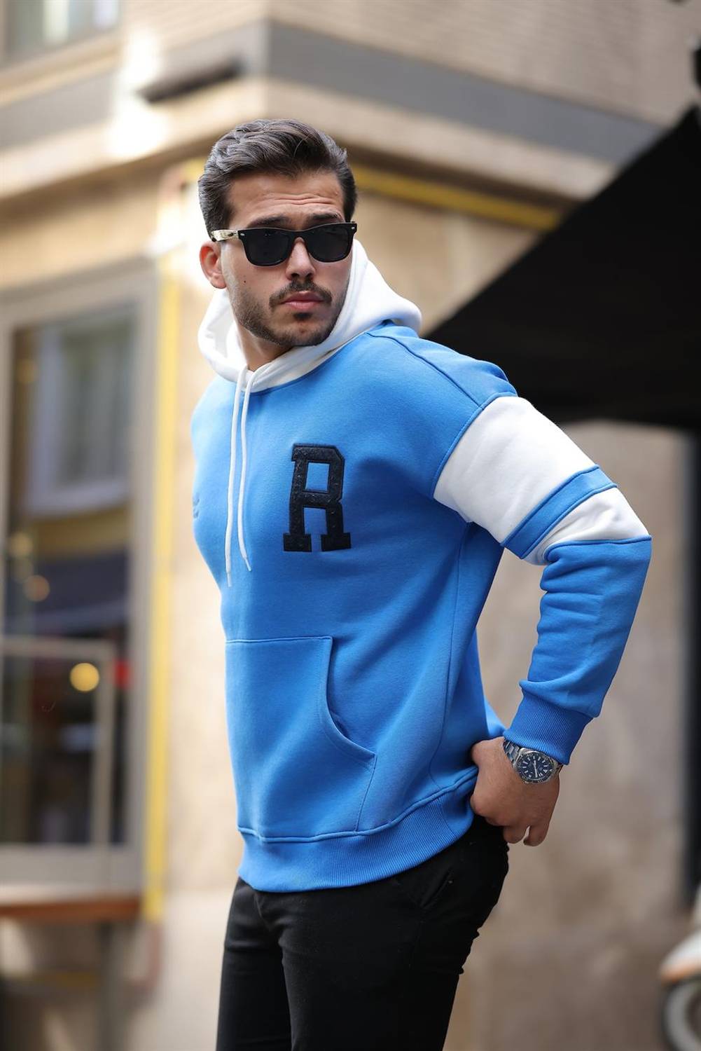 Sportif Şerit Detaylı Şardonlu Kapüşonlu Sweatshirt - Mavi