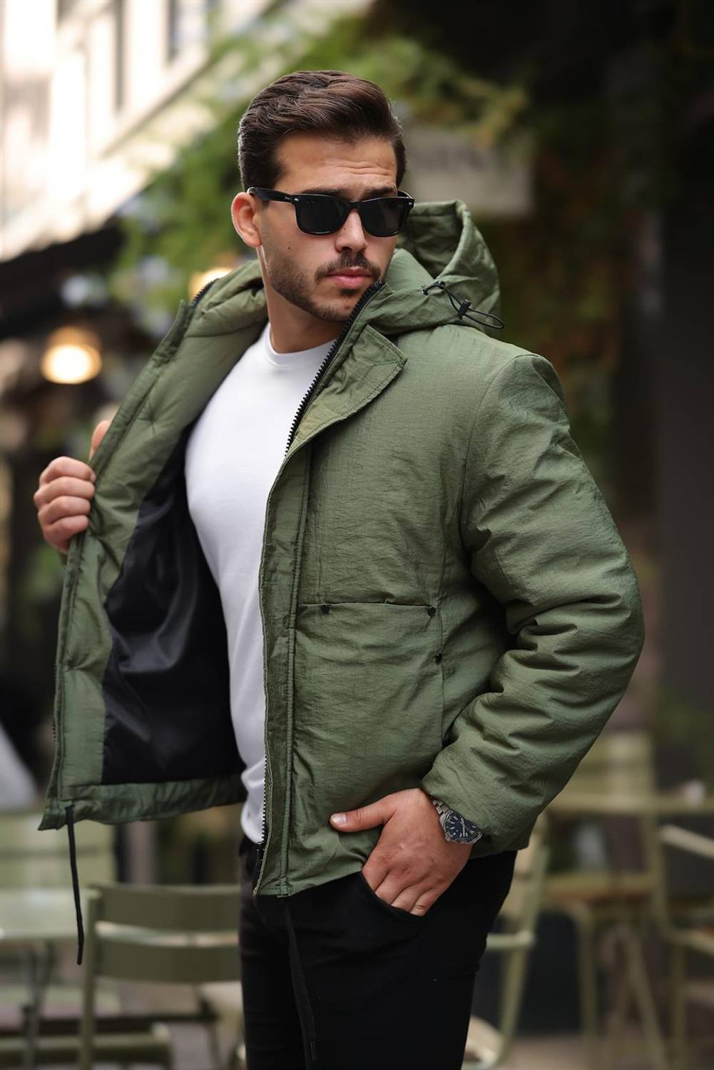 Oversize Cep Detaylı Kapüşonlu Hafif Şişme Mont - Yeşil