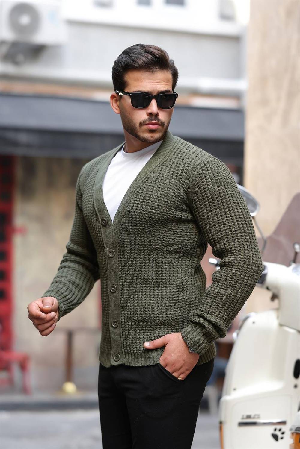 Nopenli Fitil Örgü Düğmeli Hırka - Haki