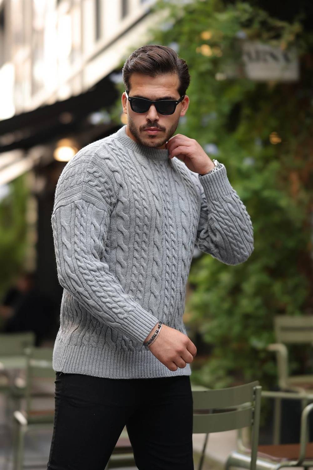 Comfort Fit Saç Örgü Bisiklet Yaka Triko Kazak - Füme