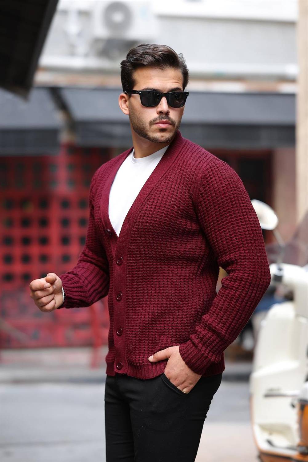 Nopenli Fitil Örgü Düğmeli Hırka - Bordo