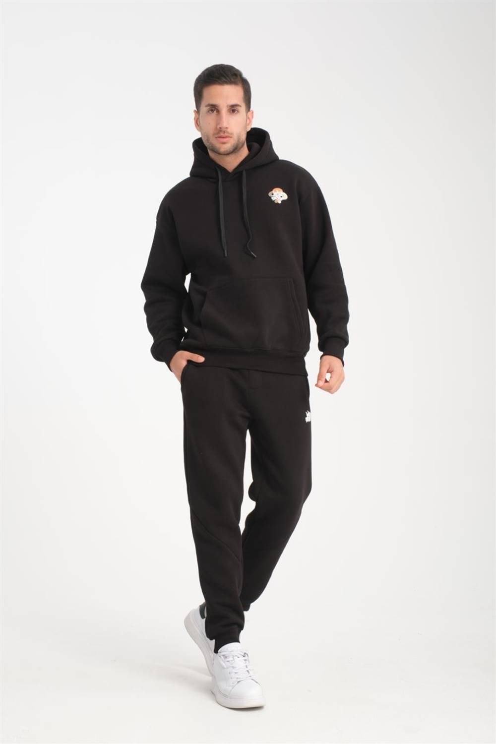 Oversize Puf Baskılı Erkek CozyFit Şardonlu Eşofman Takımı - Siyah