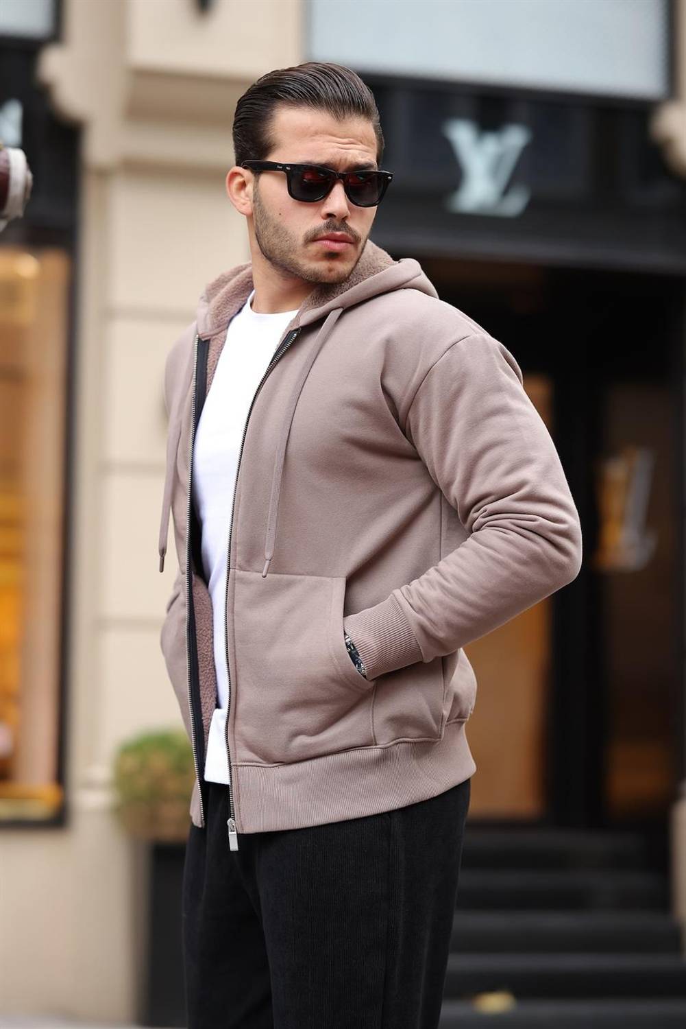 İçi Peluş Üç İp Kumaş Oversize Fermuarlı Kapüşonlu Sweatshirt- Bej