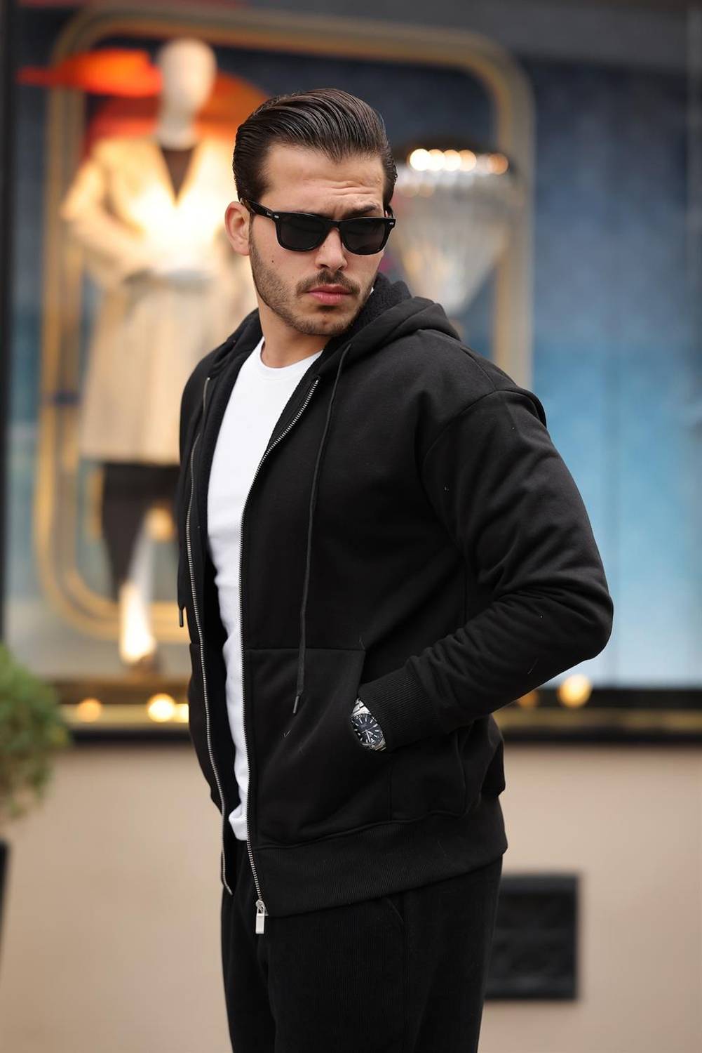 İçi Peluş Üç İp Kumaş Oversize Fermuarlı Kapüşonlu Sweatshirt- Siyah