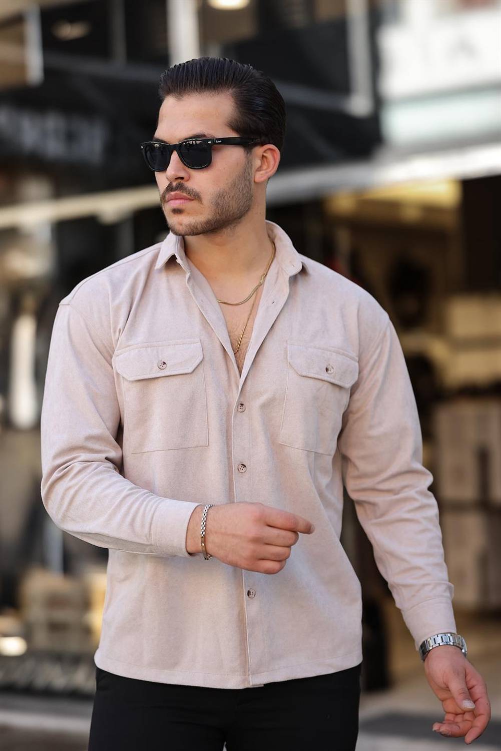 Двок pocket oversize чоловіча оксамитова сорочка - бежевий