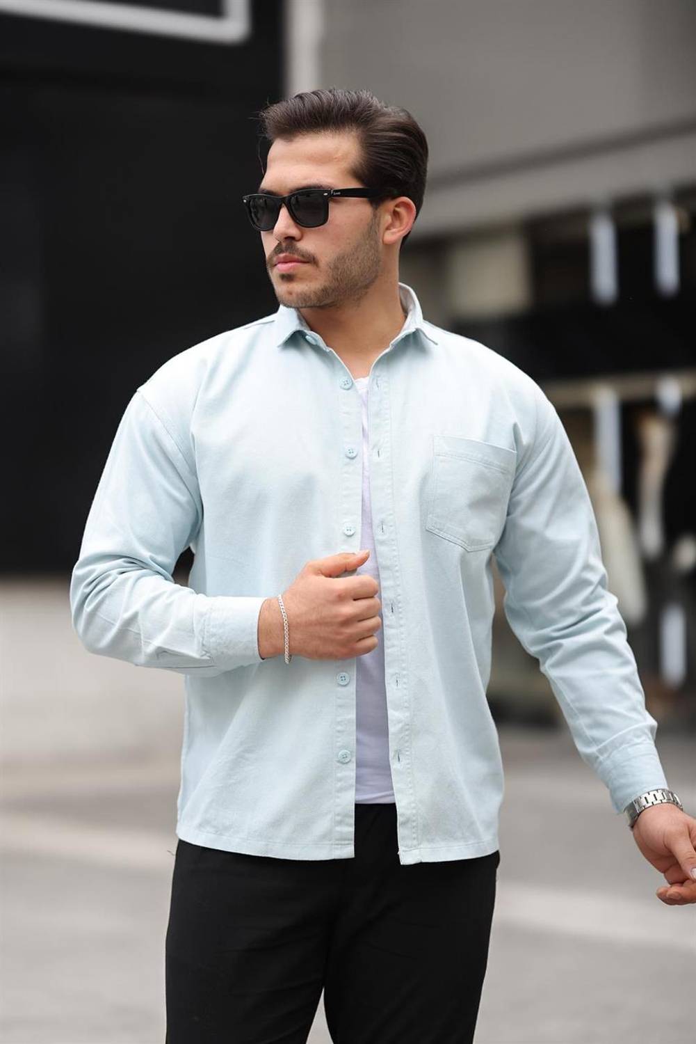 Tek Cepli Oversize Gabardin Kumaş Erkek Kadife Gömlek - Bebe Mavi