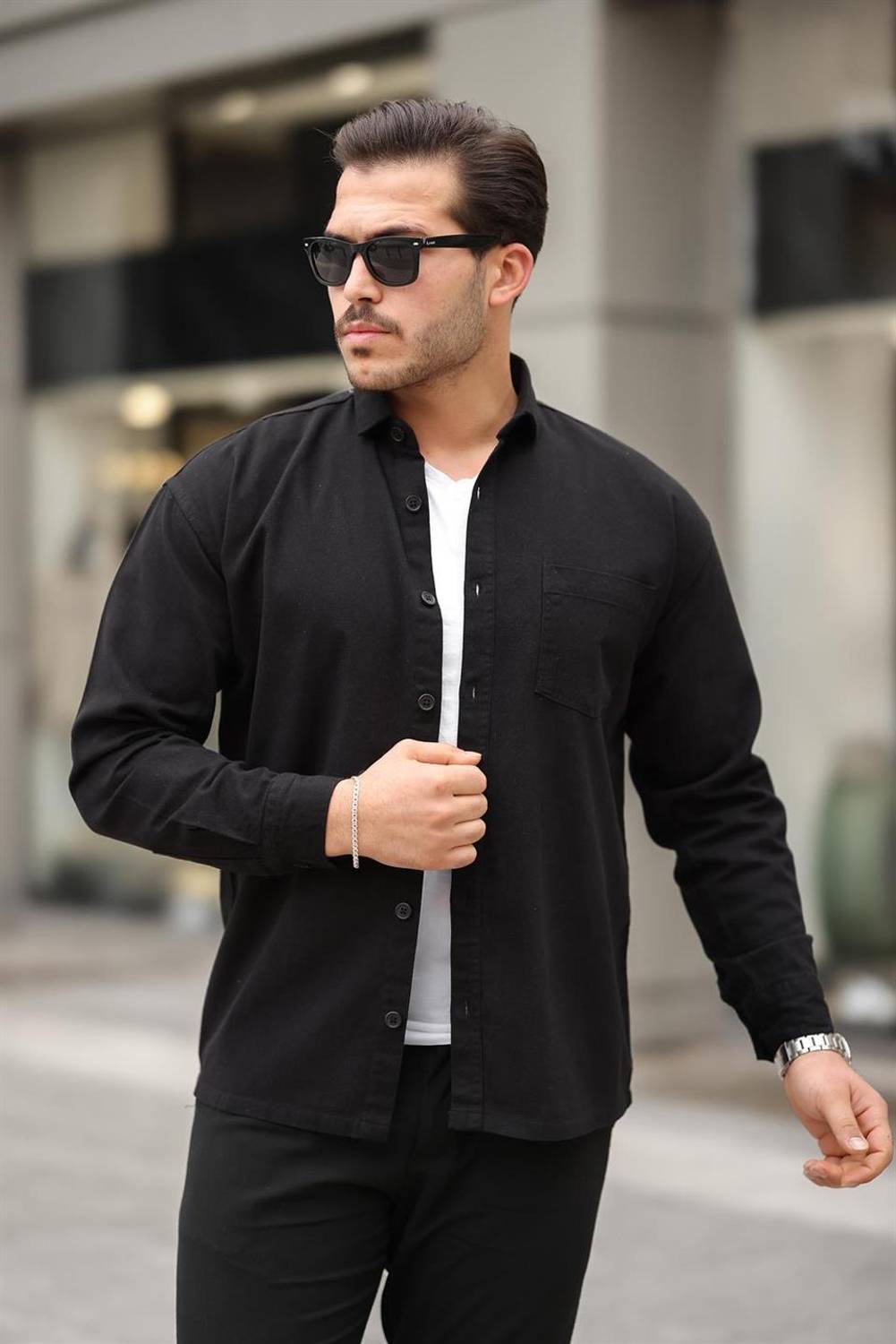 Tek Cepli Oversize Gabardin Kumaş Erkek Kadife Gömlek - Siyah