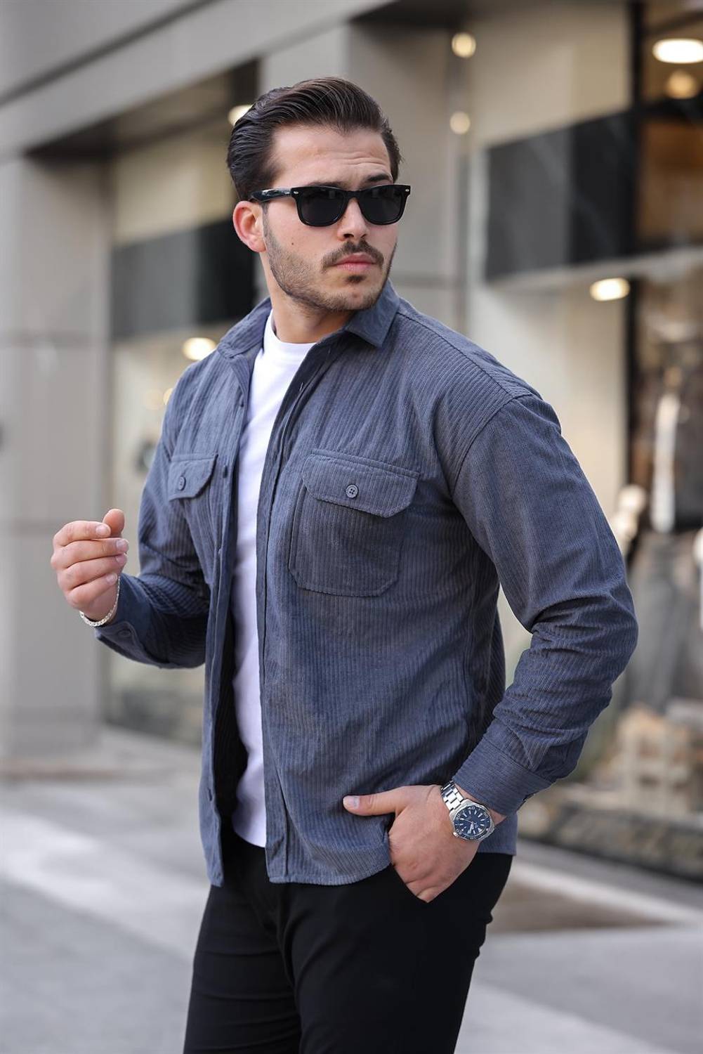Чоловіча перешита сорочка з двома кишенями, велюрова, оверсайз, сірого кольору, для стильного повсякденного вбрання
