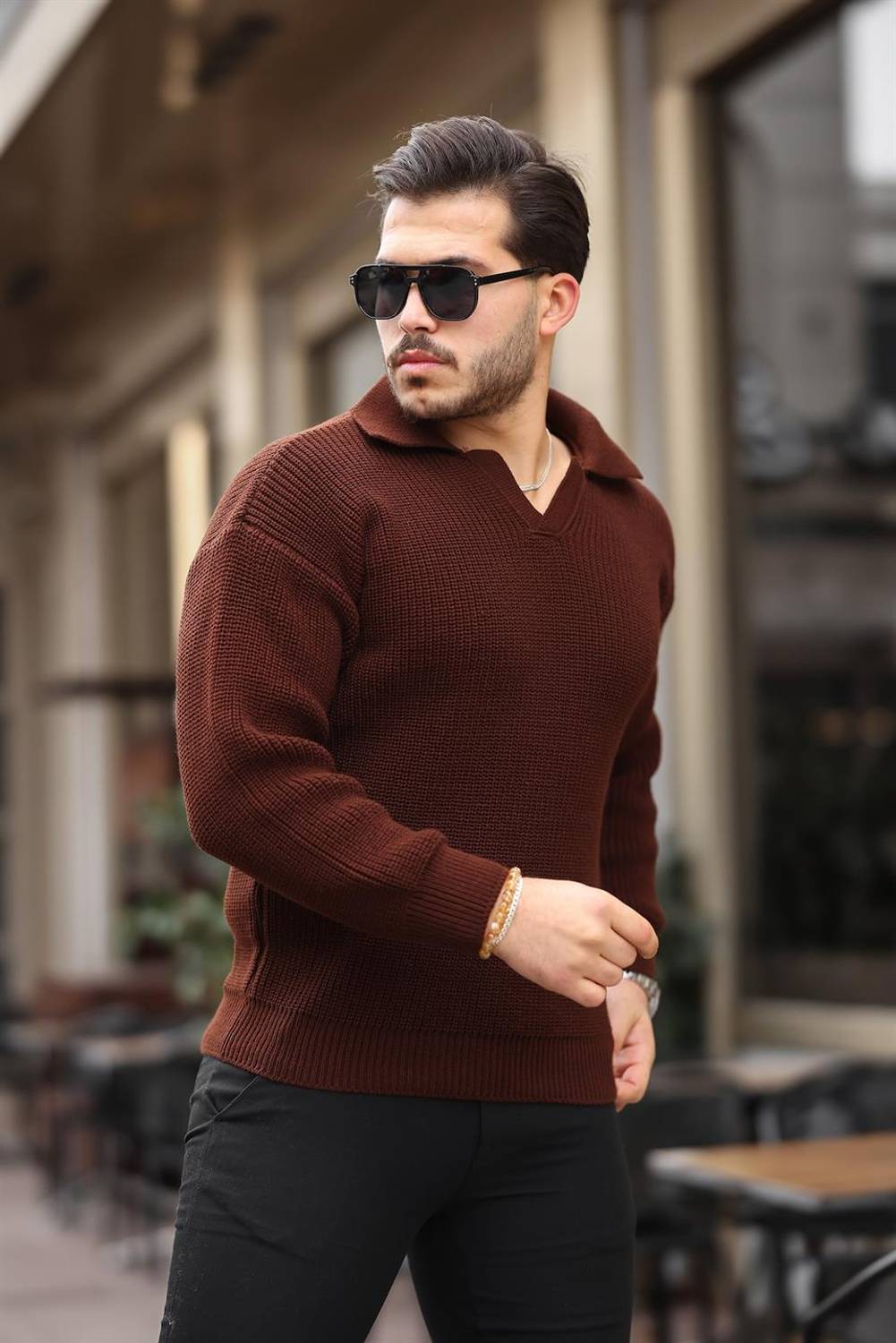 Oversize Gömlek Yaka Selanik Örgülü Erkek Triko Kazak - Kahve