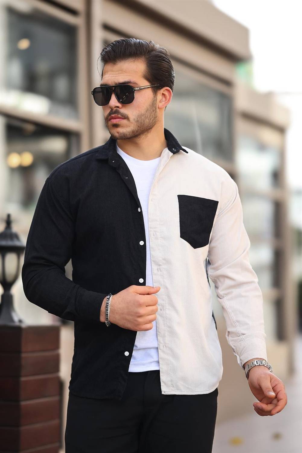 Kontrast Çift Renk Fitilli Kadife Gömlek - Taş
