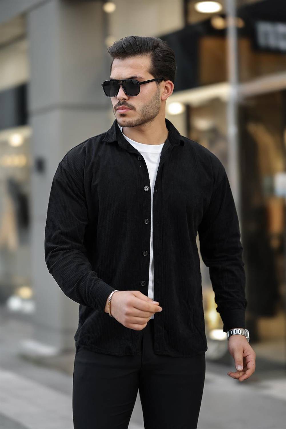 Oversize Fitilli Erkek Kadife Gömlek - Siyah