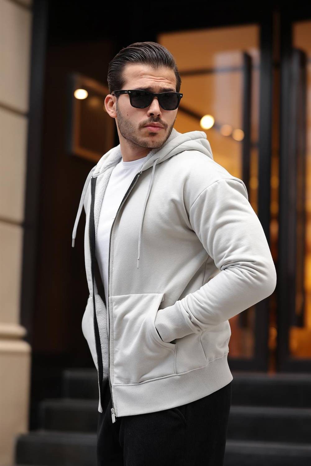 İçi Peluş Üç İp Kumaş Oversize Fermuarlı Kapüşonlu Sweatshirt- Mineral Gri