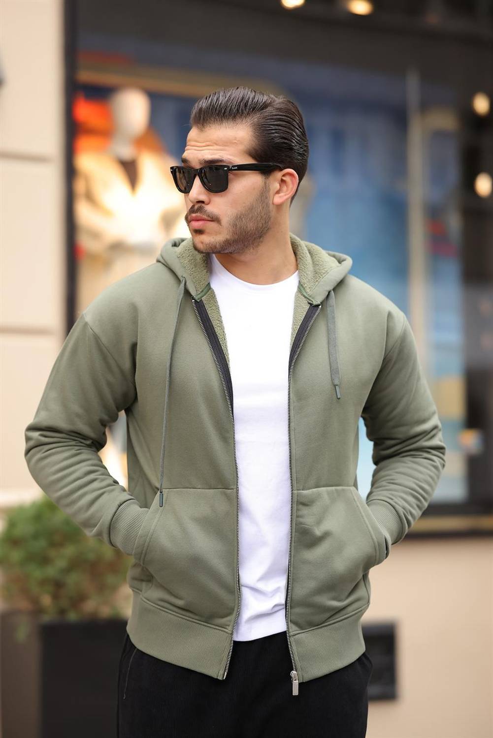 İçi Peluş Üç İp Kumaş Oversize Fermuarlı Kapüşonlu Sweatshirt- Avcı Yeşili