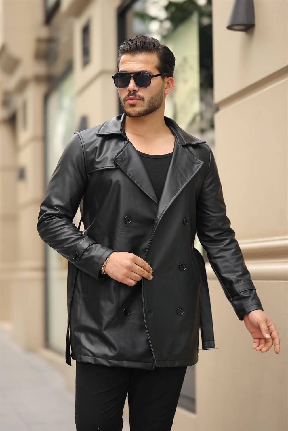 Kruvaze Tokalı Deri Erkek Fit Ceket - Siyah