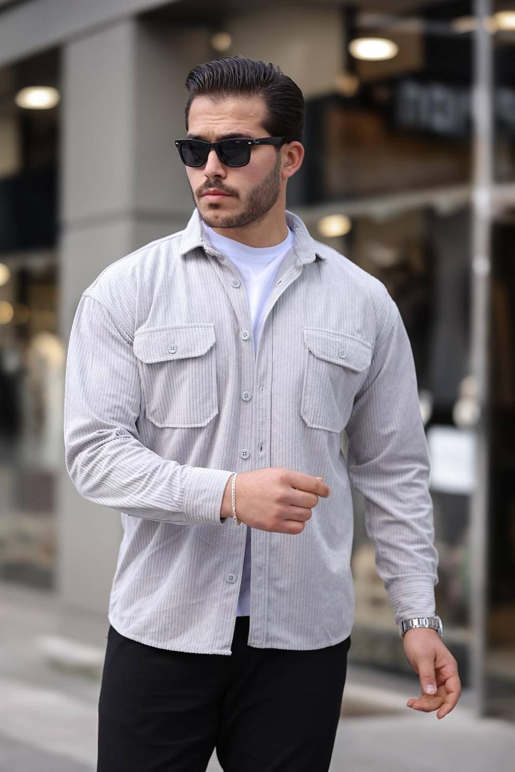 Çift Cepli Oversize Dolgu Fitilli Erkek Kadife Gömlek - Açık Gri