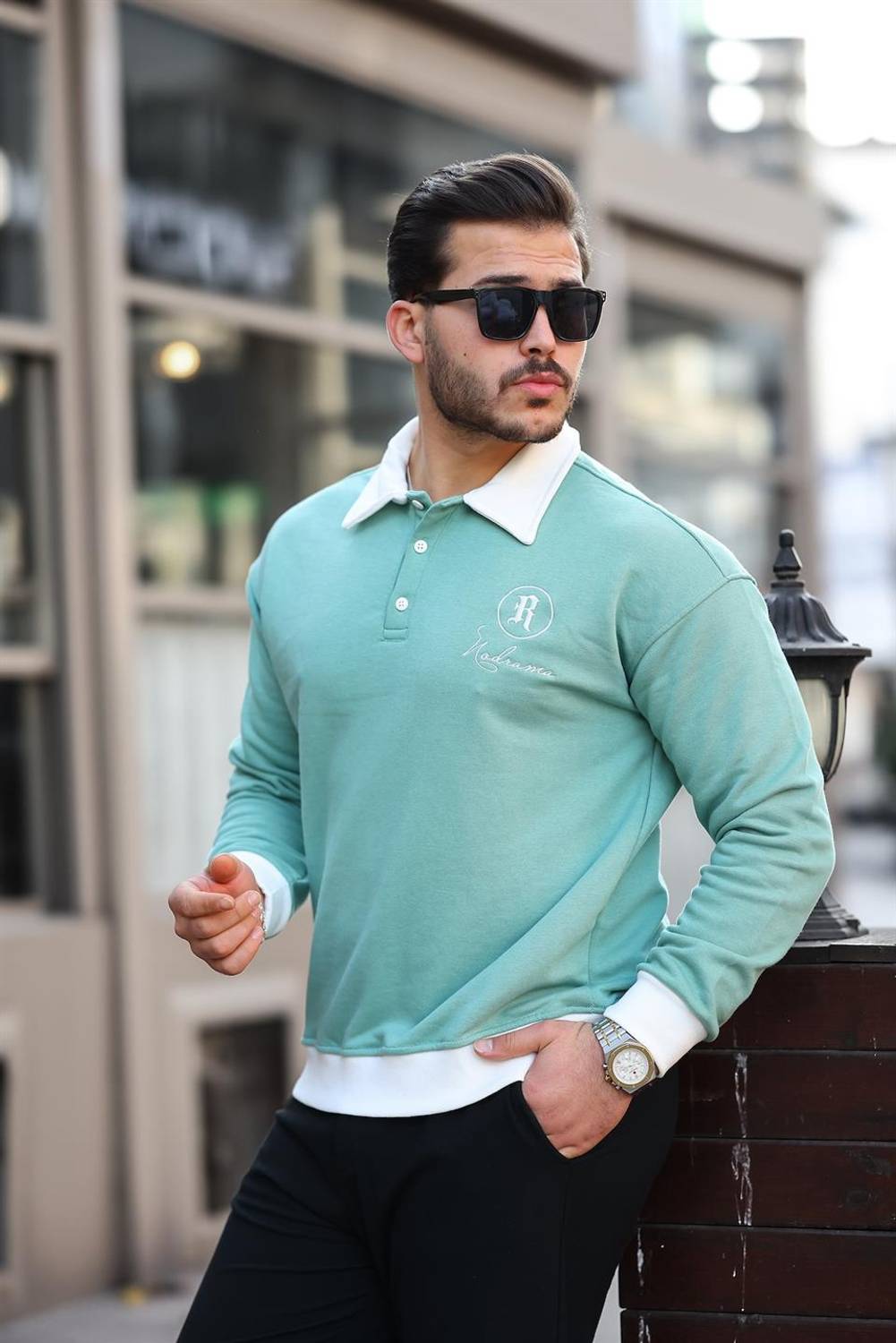 Polo Yaka Düğmeli Nakışlı Sweatshirt - Su Yesili