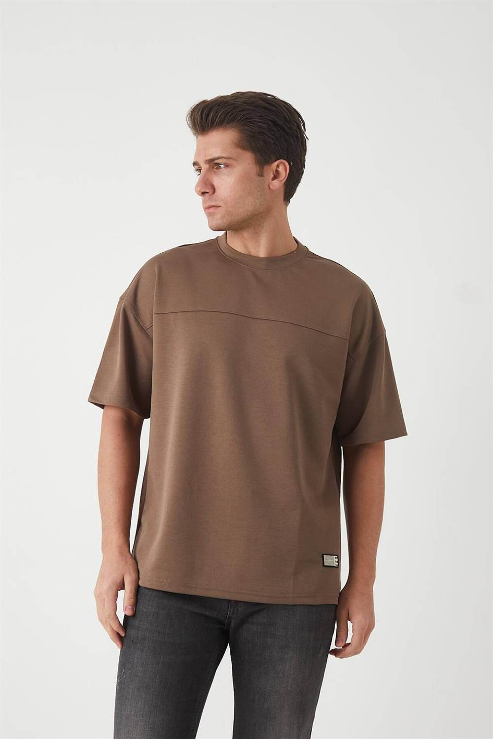 Panel Detaylı Basic Oversize Erkek T-Shirt - Kahve