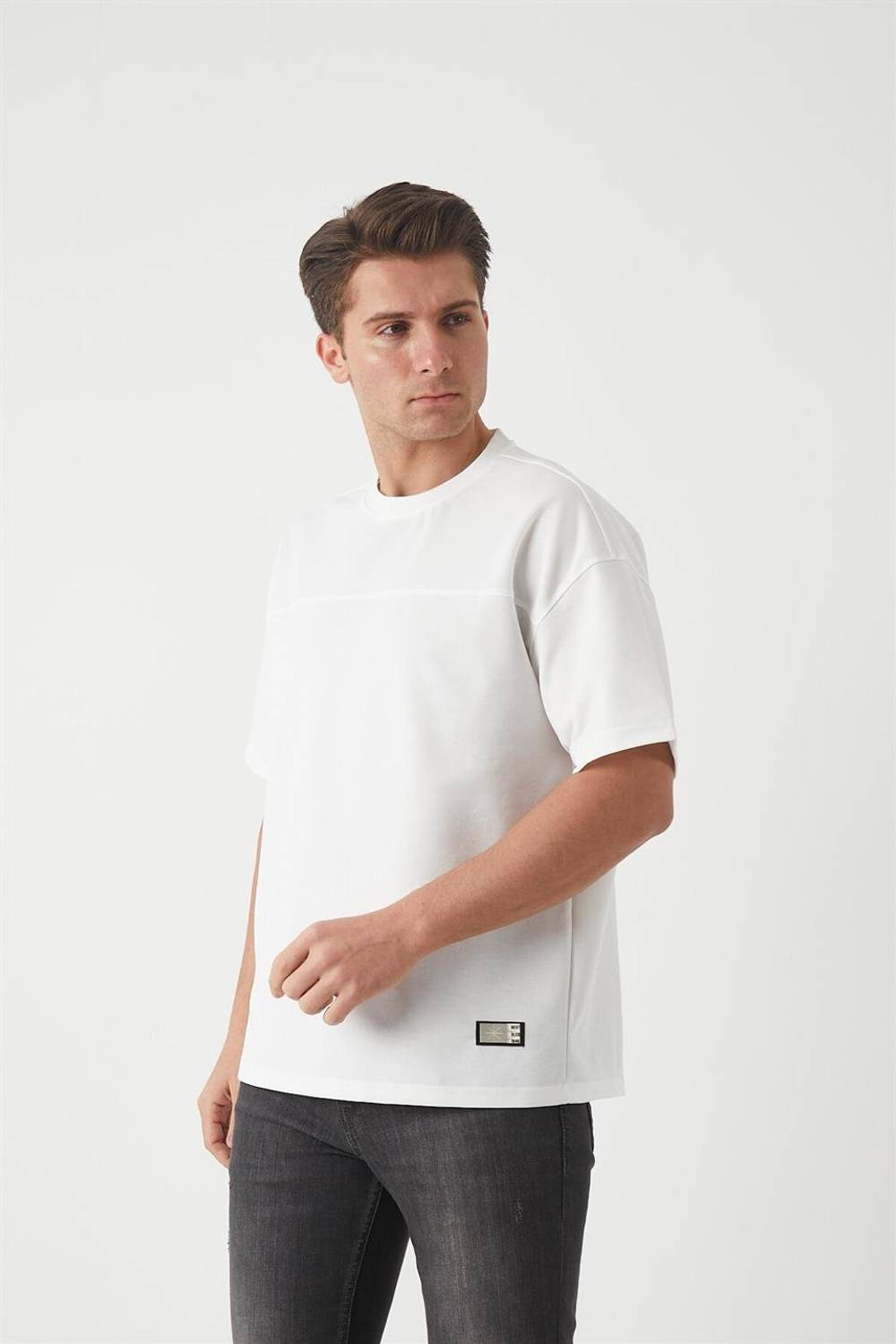 Panel Detaylı Basic Oversize Erkek T-Shirt - Ekru